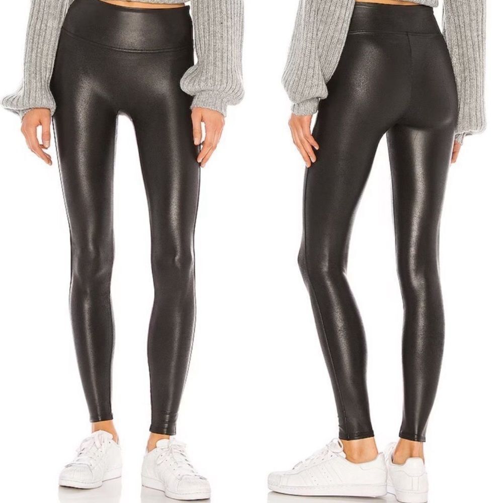 SPANX black faux‎ leather leggings women’s size L